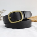 Cinturón de cuero negro vintage con hebilla cuadrada dorada y textura sutil de lichi - Negro