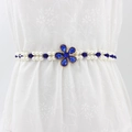 Elastic pearl waist chain with blue floral buckle and rhinestones on white dress - Blue