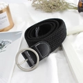 Elastic black woven belt for women with silver metal round buckle and leather end detail - Round Buckle (EL208) / Black