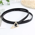 Elegant thin black leather belt featuring a geometric gold triangle buckle for women - Black