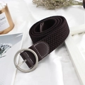 Women's dark coffee elastic woven belt with a minimalist silver round metal buckle - Round Buckle (EL208) / Brown