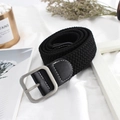 Women's black elastic woven belt with silver square buckle and faux leather finish - Square Buckle (EL209) / Black