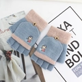 Mitaines convertible pour femmes tricotées bleu et rose avec broderie d'ours mignon - Taille unique / Bleu Moyen Coréen