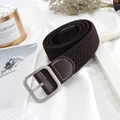 Elastic braided waist belt in dark brown featuring a square buckle and white stitching detail - Square Buckle (EL209) / Brown