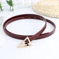 Deep burgundy skinny belt for women with elegant golden triangle buckle on white background - Reddish Brown