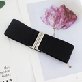Women's black elastic waist belt with silver interlocking metal buckle for dresses - Black (EL214)