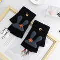 Cute black knitted convertible fingerless mittens featuring grey bunny ears and flower detail - One Size / Black