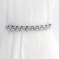 Elastic black waist belt for women featuring sparkling crystal heart rhinestones on a dress - White Zircon