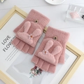Pink knitted convertible mittens with cute bunny ears and floral detail for women - One Size / Vibrant Pink
