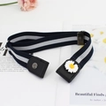 Elastic no-buckle lazy belt with navy stripes and a white daisy floral decoration - Navy White Stripe (Daisy)