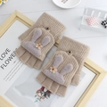 Beige knitted fingerless gloves with a cute rabbit flip cover and button closure - One Size / Milk Tea