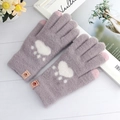 Cute light purple knitted thermal gloves with white paw patterns and touch screen tips - One Size / Starry Purple