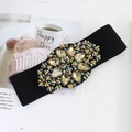 Black elastic waist belt for women with champagne floral rhinestone buckle detail - Champagne Yellow