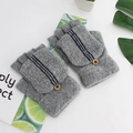 Grey knitted convertible mittens for men with blue stripes and decorative wooden button - One Size / Heather Grey