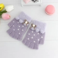 Purple winter half-finger gloves for girls featuring heart patterns and cute bowknots - Vibrant Grey Purple