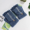 Men's winter blue striped knitted fingerless flip gloves with wooden fashion button - One Size / Denim Blue