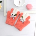 Pink plush winter gloves for children featuring a cute white cartoon rabbit design - One Size / Living Coral Orange