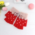 Red knitted fingerless gloves for kids with white polka dots and pink fur trim and bows - Charm Red