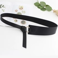 Women's wide black leather belt with golden round buckle and stylish knotted design - Black