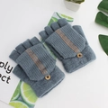 Men's winter grey-blue striped knit flip top gloves with a fashion button detail - One Size / Gray Blue