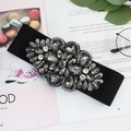 Elastic waist belt for women in black with vintage floral crystal rhinestone buckle - Black Zirconia