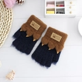 Kids navy blue half-finger knit gloves with brown plush animal paw design detail - One Size / Navy Blue