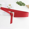 Red wide leather belt for women with golden round buckle and soft texture - Red