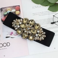 Elegant black elastic waist belt with champagne gold crystal floral rhinestone buckle - Champagne Zirconia