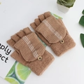 Men's brown winter flip top knitted gloves with fashion button and warm fleece texture - One Size / Ash Grey Khaki