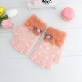 Guantes de invierno rosas sin dedos con borde de felpa y lazo para niñas - Rosa Claro