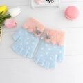 Kids warm half-finger knitted gloves in blue and pink with cute bow and white dots - Light Blue Pink