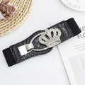 Cintura elastica nera con pelle a coccodrillo e fibbia a corona di strass - Stile Corona (EL223-5) / 75cm