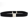 Adjustable black elastic belt with silver metal rectangular buckle for casual wear - Black