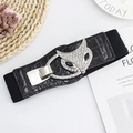 Cintura larga nera elastica da donna con fibbia a testa di volpe argentata con strass lucidi - Stile Volpe (EL223-7) / 75cm