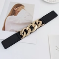Elastic black waist belt for women with large golden figure-eight chain buckle detail - Black Strap Gold Buckle