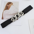 Elastic black waist belt with bold silver chain links and metal snap buttons - Black Strap Silver Buckle
