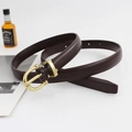 Minimalist dark brown leather belt with gold horseshoe buckle for women - Coffee
