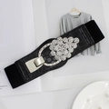 Chic black crocodile leather elastic waist belt with silver buckle and rhinestones - Vintage Oval Style (EL223-2)
