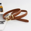 Classic brown textured PU leather belt for women featuring a gold horseshoe buckle - Camel