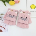 Pink plush cat flip top gloves for kids with warm faux mink fur and cartoon embroidery - One Size / Light Pink