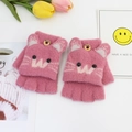 Pink cartoon cat flip-top gloves for children with knit thermal insulation and half-finger - One Size / Rose Red