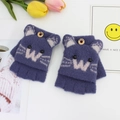Dark purple kids flip top knitted gloves with cute cat design and plush texture - One Size / Deep Blue