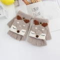 Kids warm khaki knit flip-top gloves with cute 3D cartoon deer design for winter - One Size / Light Coffee