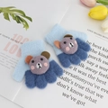 Blue knit toddler gloves with a 3D purple cartoon bear, warm winter mittens for kids - One Size / Sea Grey Blue