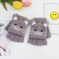 Grey knitted cat flip top convertible gloves for kids with wooden button and half finger design - One Size / Red & Grey