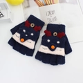 Dark blue knitted gloves for kids with cartoon fox design and buttoned flip top cover - One Size / Navy Blue