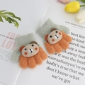 Cozy sage green and orange knit gloves for toddlers featuring a 3D bear character - One Size / Orange