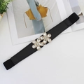 Elastic black waist belt with dual rhinestone floral buckles and gold metal base - Flower Rhinestone Buckle (EL253)
