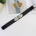 Elastic black waist belt for women with elegant golden leaf-shaped rhinestone buckle - Leaf Rhinestone Buckle (EL254)