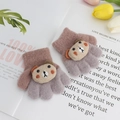 Cute pink and purple knitted bear gloves for toddlers with 3D teddy bear patch - One Size / Starry Purple